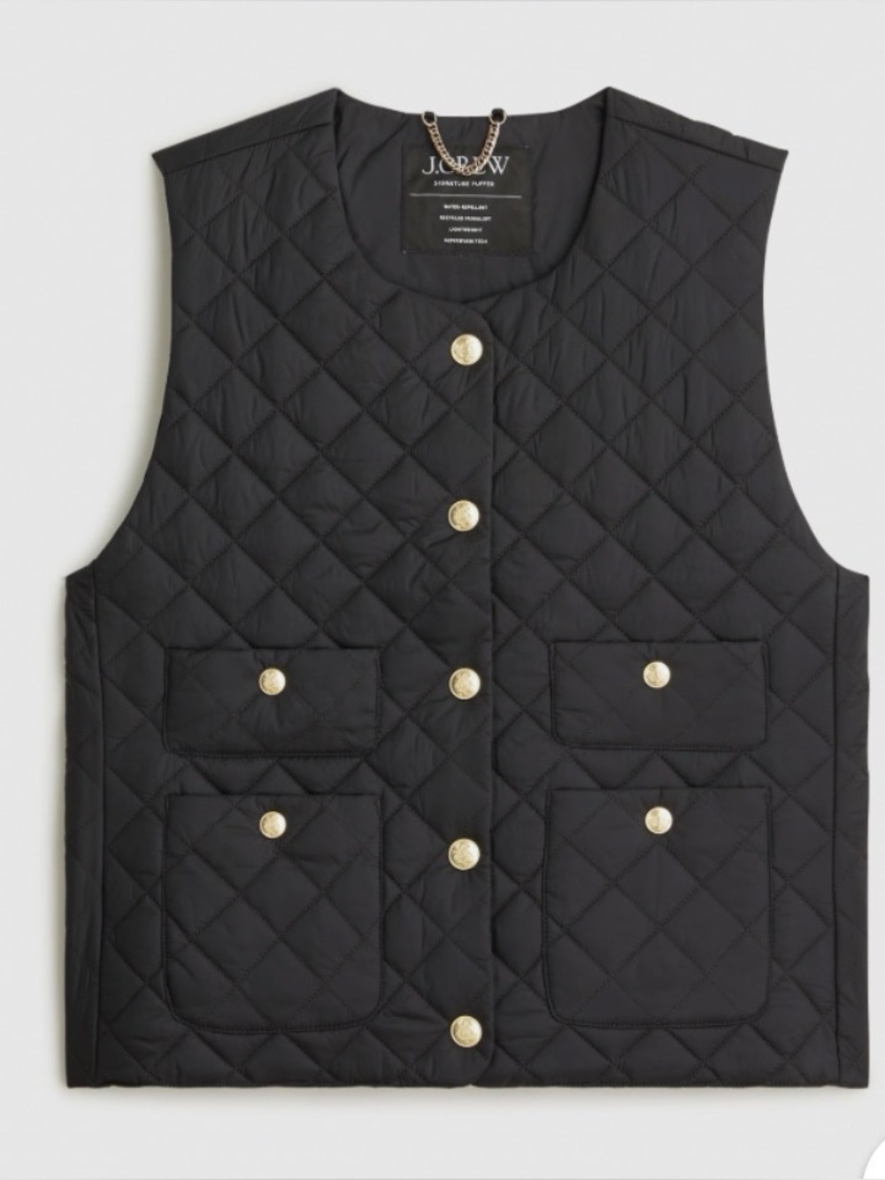 J. Crew Quilted Black Lady Vest with Gold Buttons